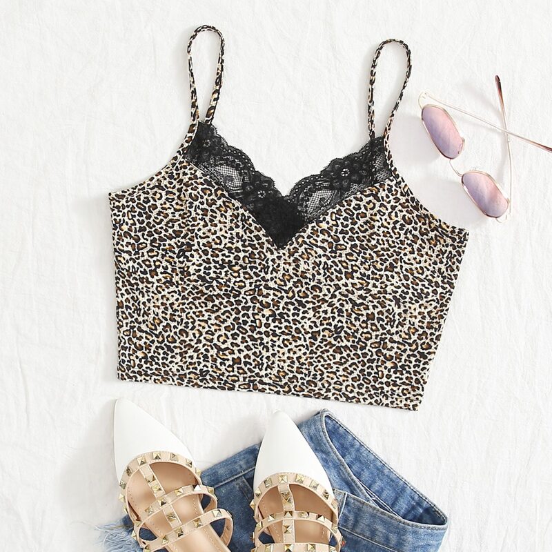 

Leopard Print Lace Trimed Crop Cami Top, Multicolor