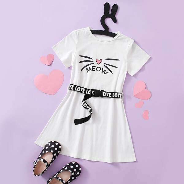 

Toddler Girls Letter & Cartoon Graphic A-line Dress, White