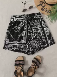 Paisley Print Belted Shorts