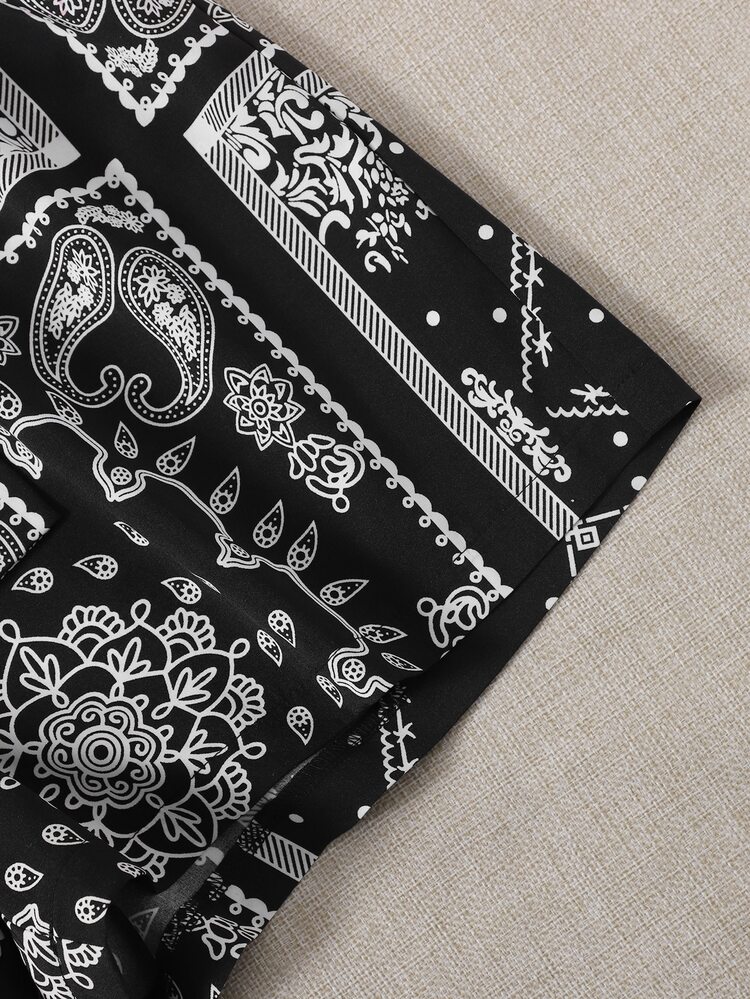 Paisley Print Belted Shorts - Black - View 5