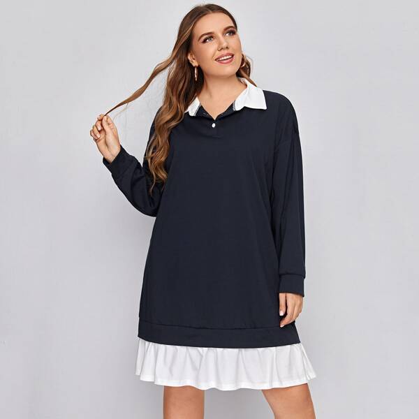

Plus Polo Neck Ruffle Hem Sweatshirt Dress, Navy blue