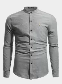 Manfinity NiteLyfe 男士棉小高領鳥刺繡襯衫 - 深灰色 - 查看 1