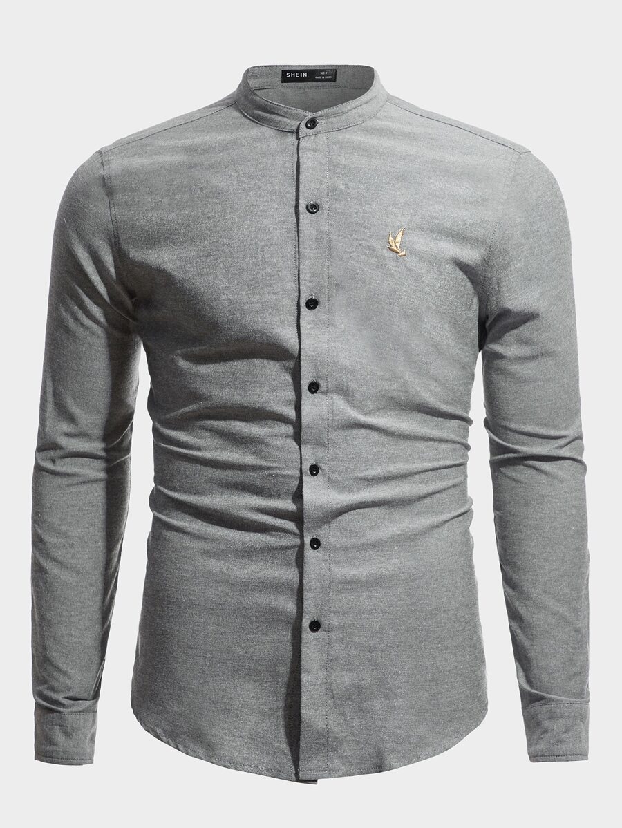 Manfinity NiteLyfe 男士棉小高領鳥刺繡襯衫 - 深灰色 - 查看 1