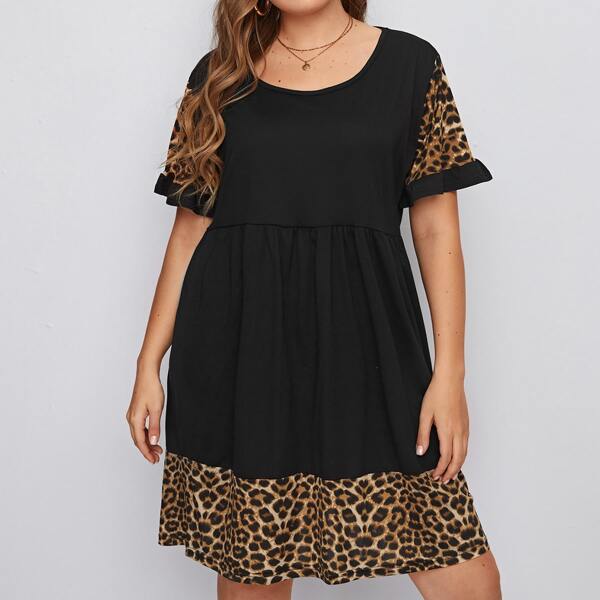 

Plus Leopard Panel Flounce Sleeve Babydoll Dress, Black