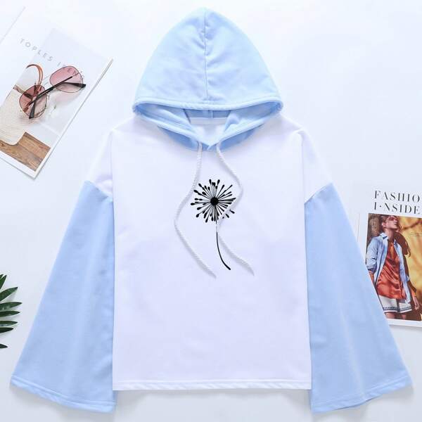 

Colorblock Dandelion Print Drawstring Hoodie, Multicolor