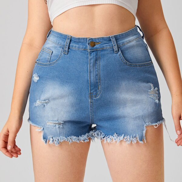 

Plus Bleach Wash Raw Hem Ripped Denim Shorts, Light wash