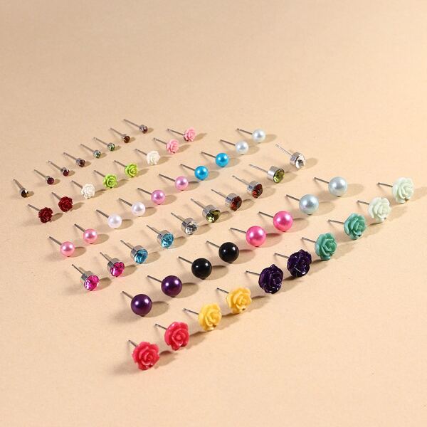 

27pairs Faux Pearl Stud Earrings, Multicolor