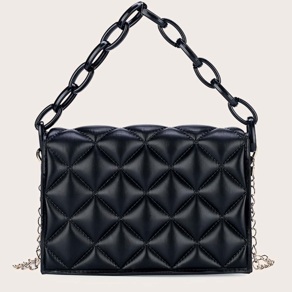 

Quilted Chain Satchel Bag, Black