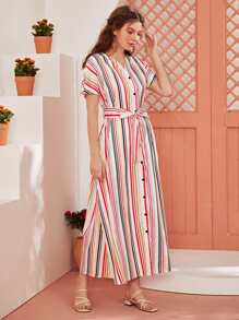 Button Front Striped Print Dress With Belt