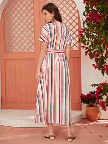 Button Front Striped Print Dress With Belt