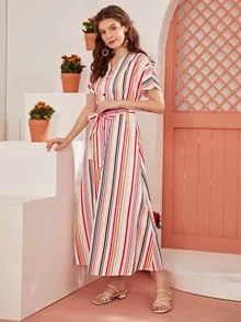 Button Front Striped Print Dress With Belt