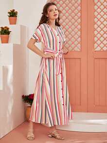 Button Front Striped Print Dress With Belt