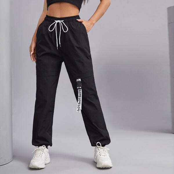 

Drawstring Waist Letter Taped Windbreaker Pants, Black