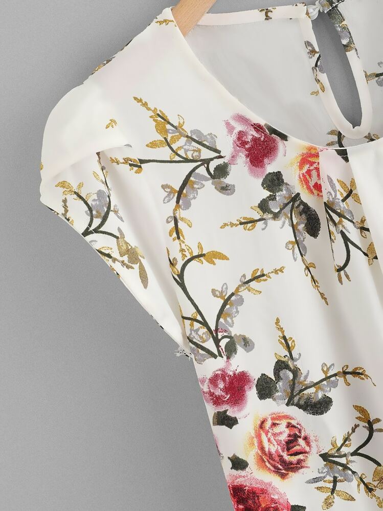 SHEIN Holidaya Floral Print Pleated Cap Sleeve Top - White - View 4