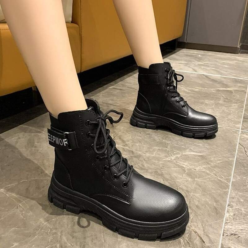 

Letter Graphic Lace-up Combat Boots, Black