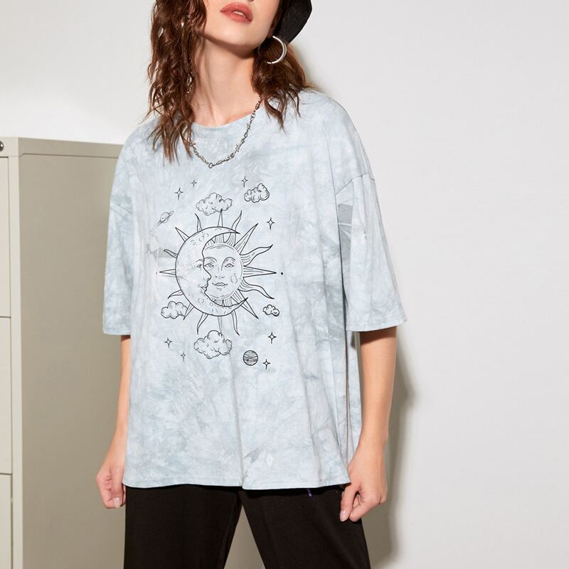 

Sun & Moon Graphic Tie Dye Oversized Tee, Grey