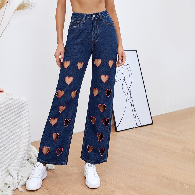 

High Waist Embroidered Cut Out Heart Jeans, Dark wash