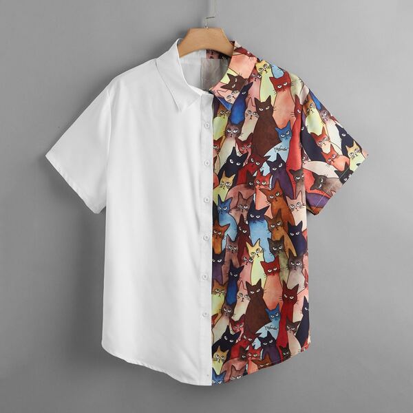 

Plus Cat Print Spliced Curved Hem Blouse, Multicolor