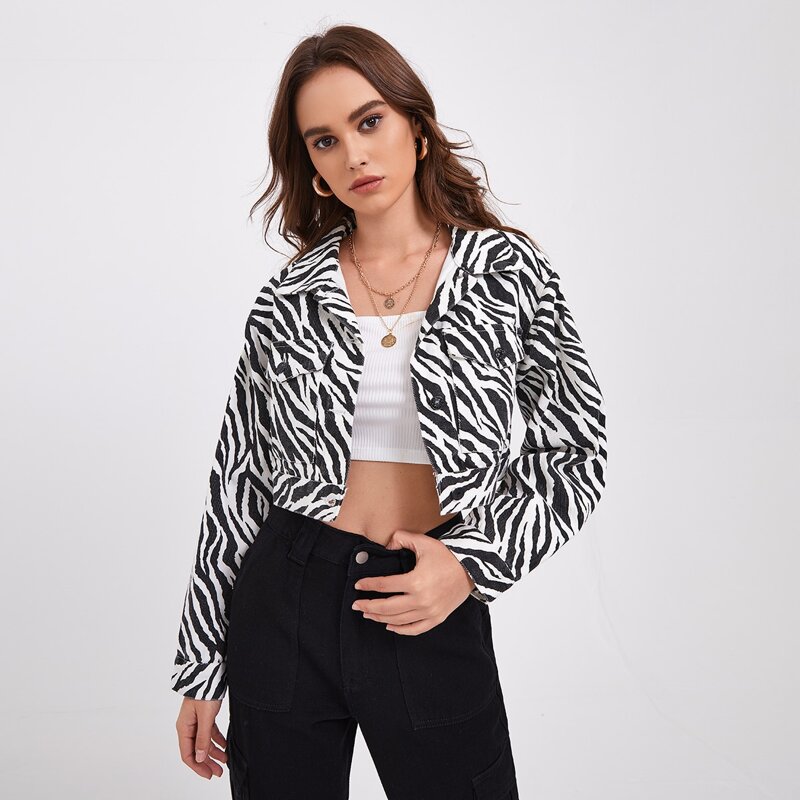 

Zebra Striped Crop Denim Jacket, Black and white