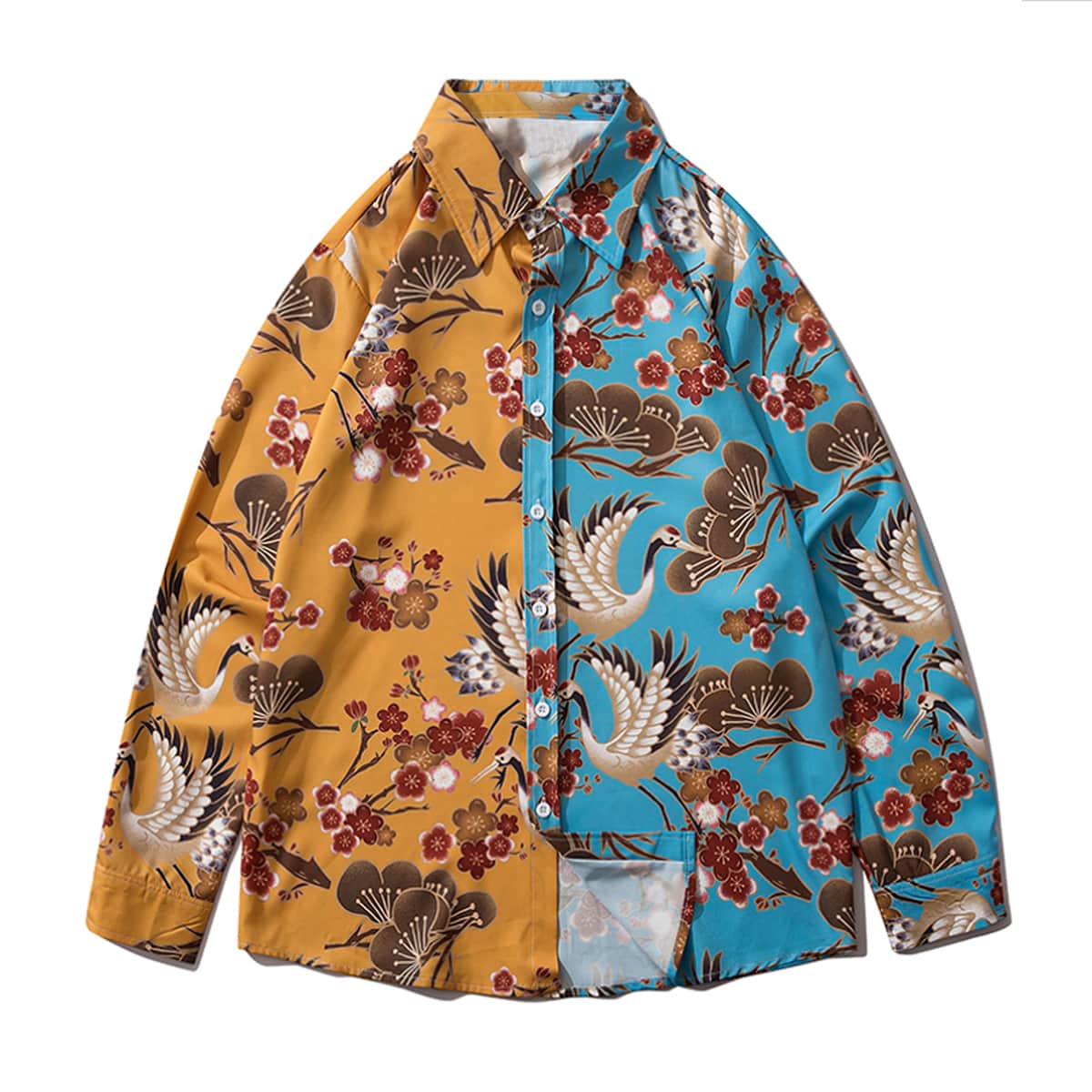 

Guys Bird & Floral Print Spliced Shirt, Multicolor