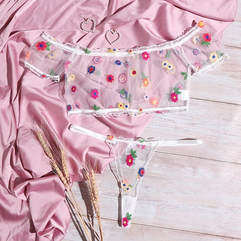 

Floral Embroidered Mesh Sheer Lingerie Set, Multicolor