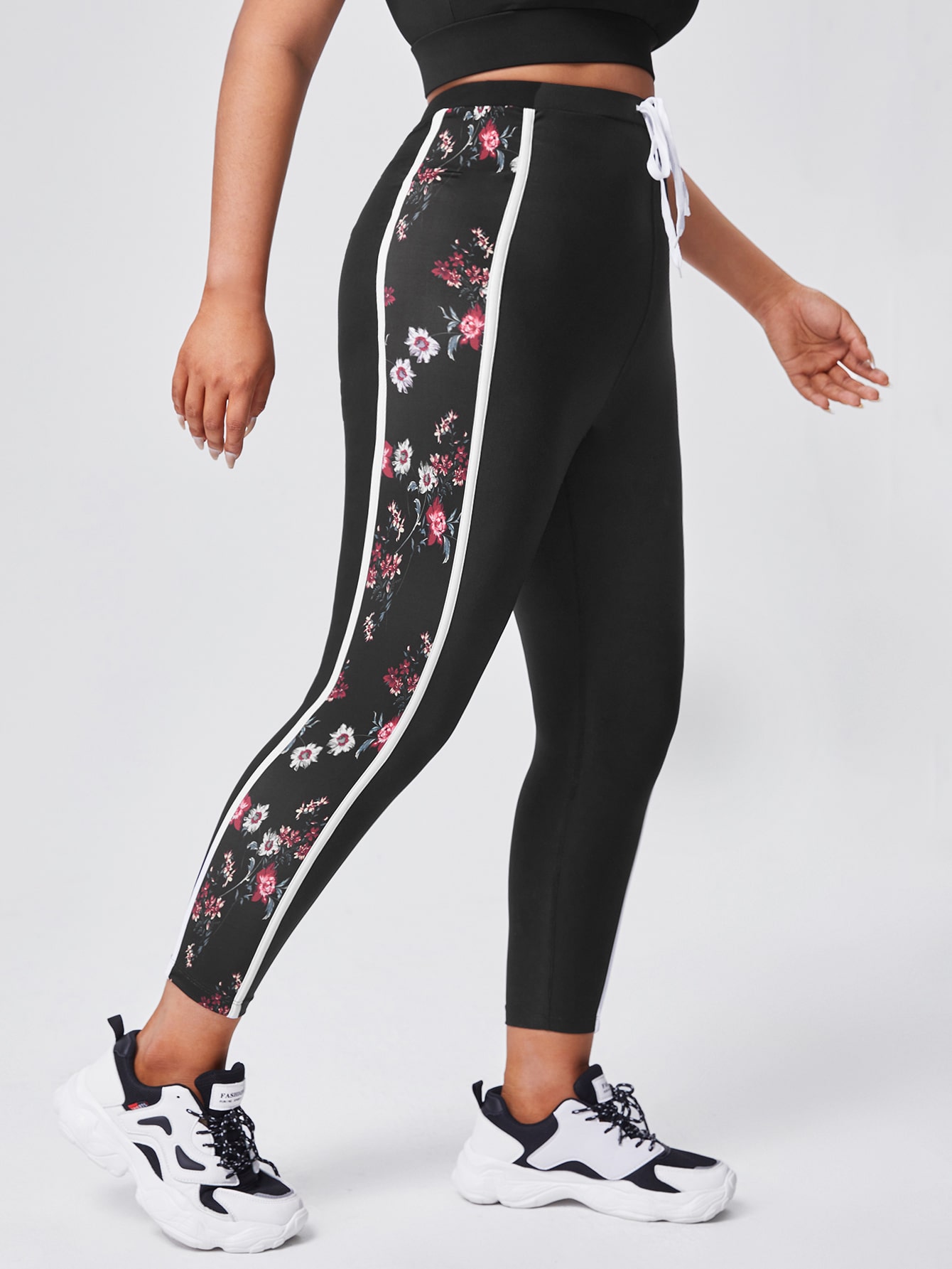 Floral Side Stripe Drawstring Waist 