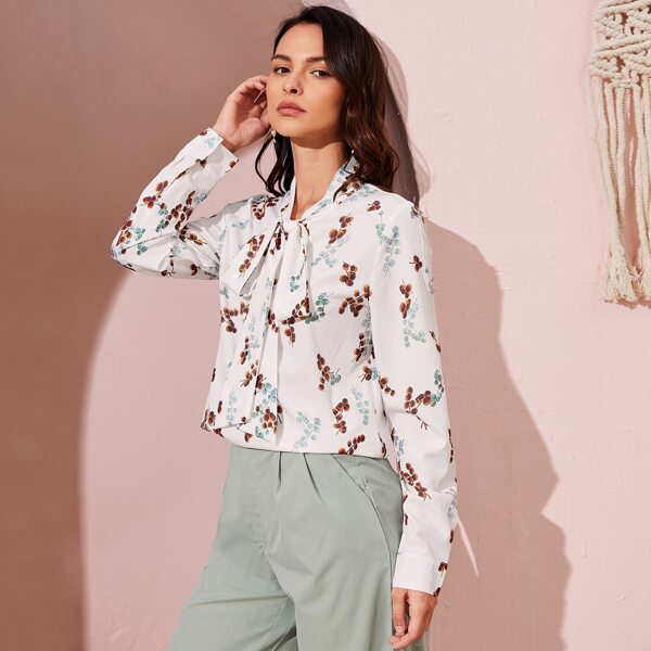 

Tie Neck Fruit Print Blouse, White