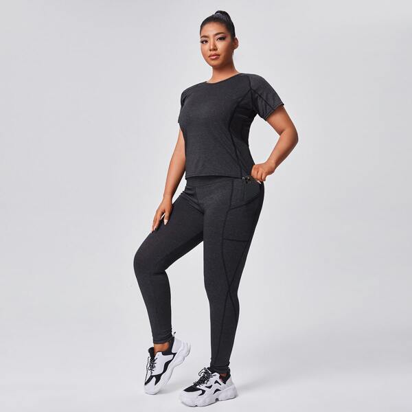 

Plus Stitch Detail Tee and Pocket Side Leggings Sports Set, Black
