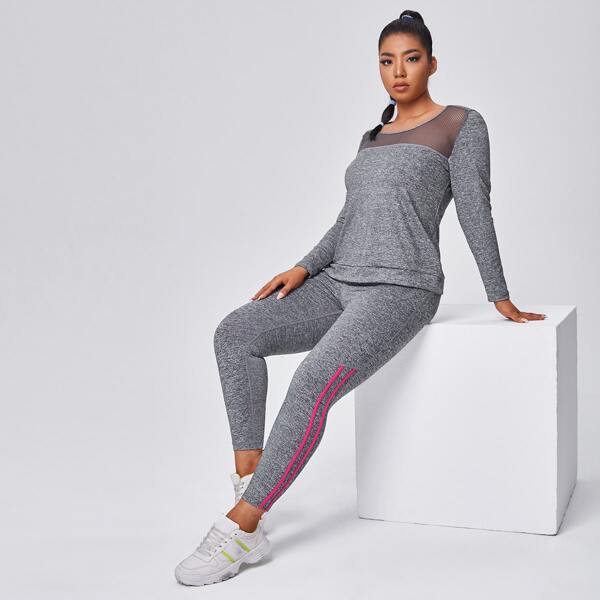 

Plus Fishnet Panel Sports Top & Leggings, Grey