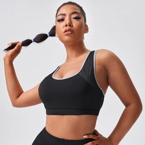 

Plus Contrast Binding Racer Back Sports Bra, Black
