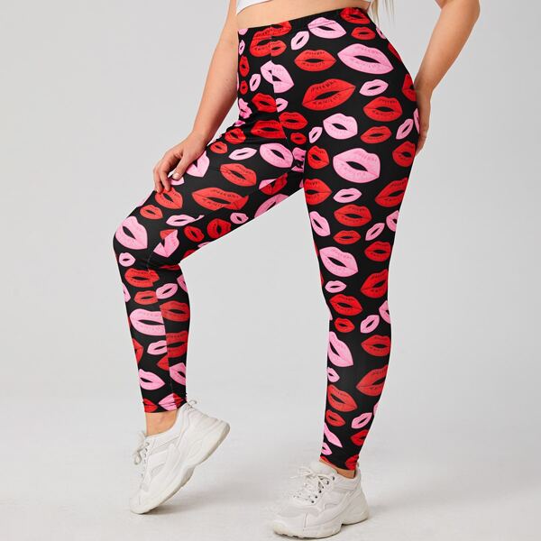 

Plus Allover Lip Print Leggings, Multicolor