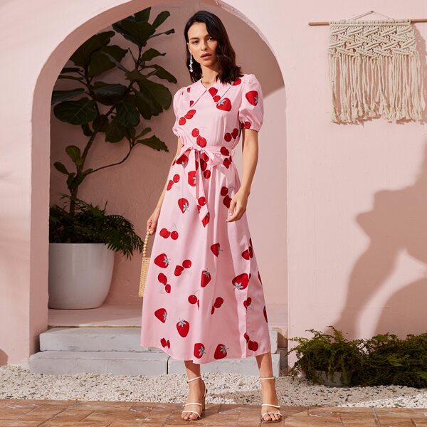 

Cherry Print Puff Sleeve Belted Dress, Baby pink