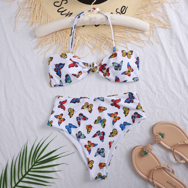 

Butterfly Print Knot Detail Bikini Swimsuit, Multicolor