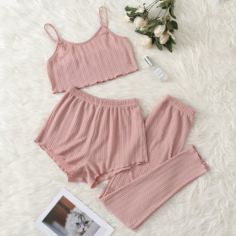 

3pcs Solid Lettuce Trim Lounge Set, Dusty pink