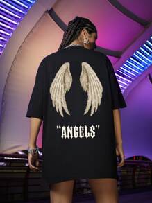 SHEIN Unity Wings & Letter Graphic Oversized Tee - Black - View 1
