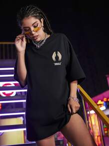 SHEIN Unity Wings & Letter Graphic Oversized Tee - Black - View 2