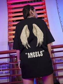 SHEIN Unity Wings & Letter Graphic Oversized Tee - Black - View 3
