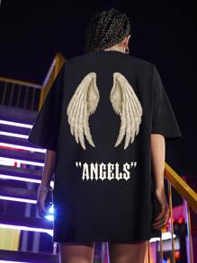 SHEIN Unity Wings & Letter Graphic Oversized Tee - Black - View 4