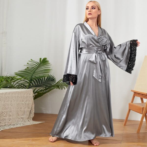 

Plus Lace Trim Self Belted Satin Robe, Silver
