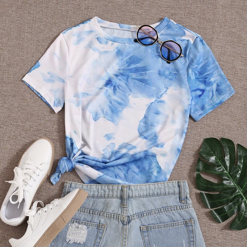 

Color Block Round Neck Tee, Blue and white