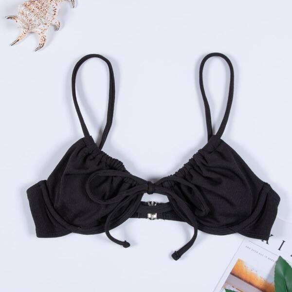 

Rib Tie Front Underwire Bikini Top, Black