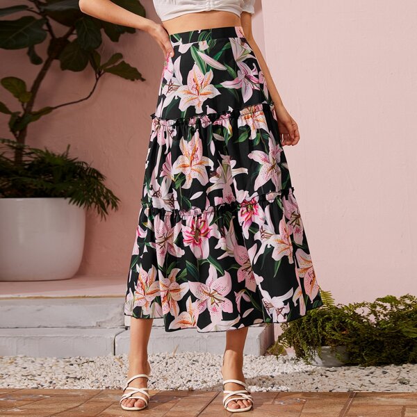 

Floral Print Frill Trim Skirt, Multicolor