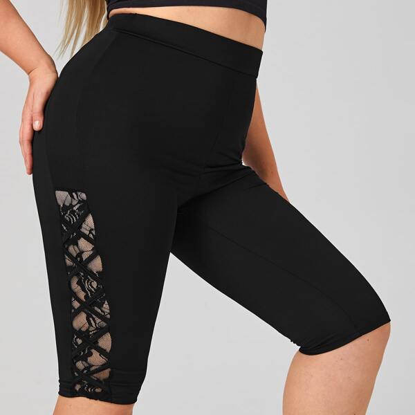 

Plus Contrast Lace Biker Shorts, Black