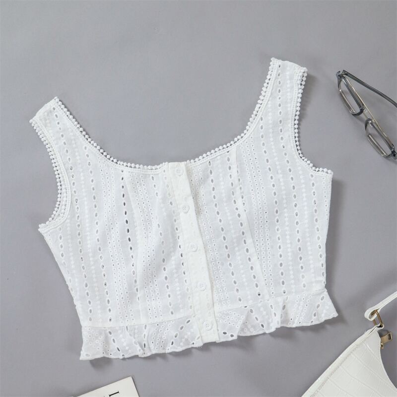 

Eyelet Embroidery Ruffle Hem Tank Top, White