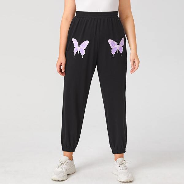 

Plus Butterfly Print Sweatpants, Black