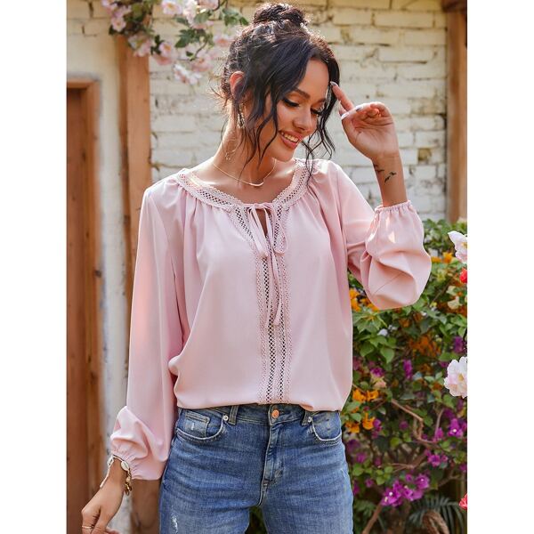

Solid Contrast Lace Tie Neck Blouse, Pink