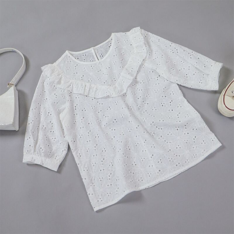 

Solid Eyelet Embroidery Ruffle Trim Blouse, White