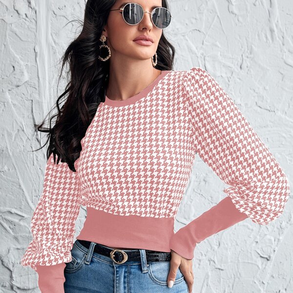 

Lantern Sleeve Houndstooth Crop Sweatshirt, Dusty pink