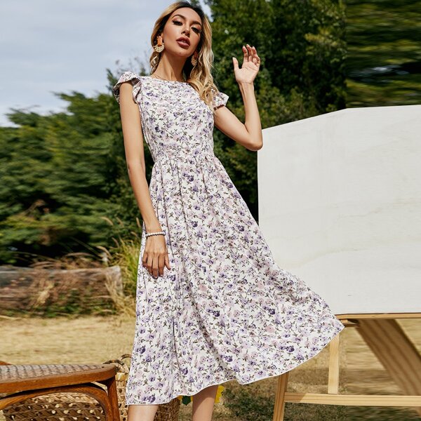 

Allover Floral Ruffle Cuff A-line Dress, Multicolor