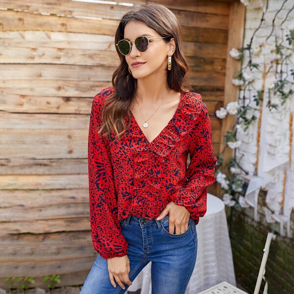 

Allover Print Ruffle Trim Blouse, Red